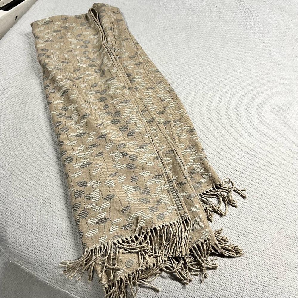 Vintage Baker Lambswool Tan Taupe Leaf Print Fringe Throw Blanket EUC